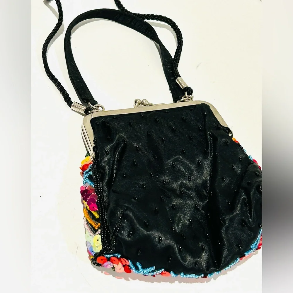 Vintage Rainbow Whimsical Beaded Sequin Crossbody Clutch Kiss Lock Purse